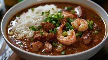 Curry with shrimps and prawns in a bowl. Gumbo photo