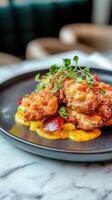 Fried chicken with mango sauce on plate photo