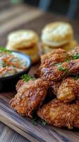 Fried chicken nuggets with coleslaw on a wooden board photo