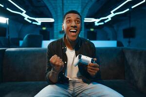 A player has won a console game. photo