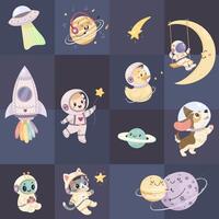 Seamless space pattern, cute space baby pattern. Astronaut cat, dog, rocket vector