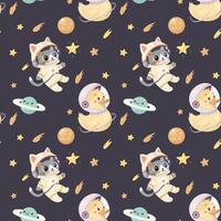Seamless space pattern, cute space baby pattern. Astronaut cat, duck and planet vector