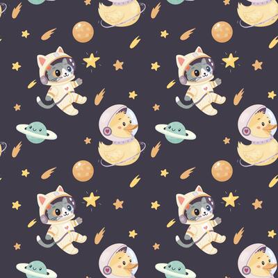 Seamless space pattern, cute space baby pattern. Astronaut cat, duck and planet