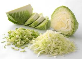 Close up of woman's hands cutting cabbage with a kitchen knife photo