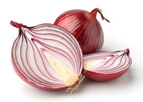 red onions, garlic with rosemary and peppercorns isolated on a white background. Top view. Flat lay photo