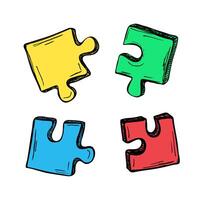 Four pieces of puzzle. Colorful puzzle jigsaw on white background. Collection of hand drawn elements vector