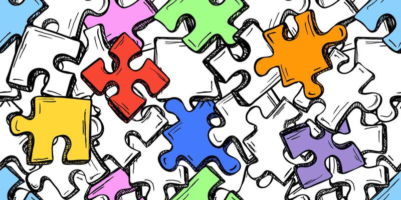 Seamless puzzle pattern. Trendy print with hand drawn pieces of puzzle. Modern design for textile, fabric, wallpaper, wrapping, scrapbook and packaging