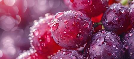 Close-Up of Juicy Red Grapes Covered in Sparkling Water Droplets and Bokeh Background photo