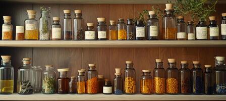 Aesthetic Display of Various Herbal Bottles and Jars on Rustic Wooden Shelves photo