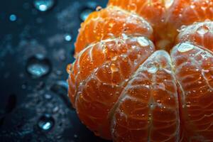 Close-Up Image of a Fresh Tangerine Covered in Water Droplets on a Dark Background photo