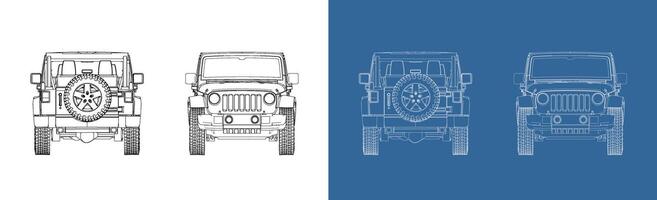 off road cabriolet convertible car technical line drawing blueprint from front and rear view. SUV car outline isolated vector