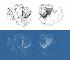 V-twin Motorcycles engine line drawing technical blueprints Illustration Isometric view. isolated background vector