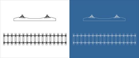 technical drawing railway track, showcasing a cross sectional view and a top down layout vector