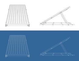 Detailed Isometric Technical Drawing of Solar Panel Array with Mounting Bracket, Blueprint Style vector