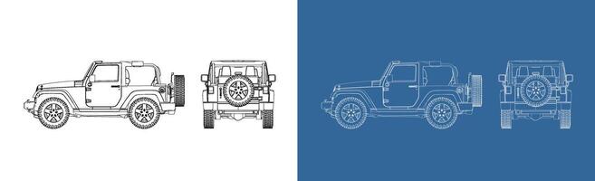 offroad cabriolet convertible car technical line drawing blueprint from side and back view. SUV car outline isolated background vector