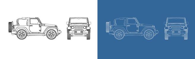 off road cabriolet convertible car technical line drawing blueprint from side and front view. SUV car outline isolated background vector