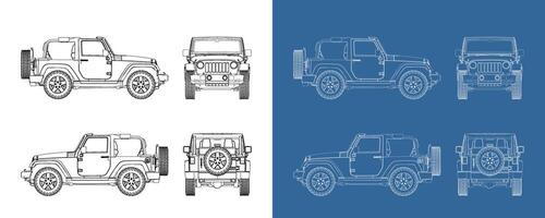 offroad cabriolet convertible car technical line drawing blueprint from side, front and rear view. SUV car outline vector
