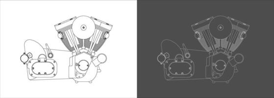 Motorcycles engine V-twin Side view line drawing technical blueprints Illustration. isolated vector