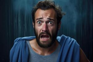 Frightened man showing fear and terror emotion with wide open eyes photo