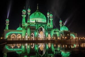 Crystal mosque illuminating the night with green lights and reflections photo