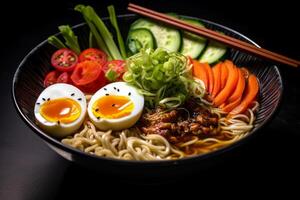 Ramen bowl with eggs, vegetables and chopsticks resting on top photo