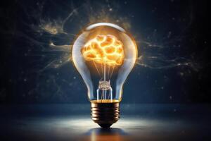 Glowing brain inside light bulb generating creative ideas photo