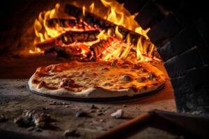 Delicious pizza baking in traditional wood fired brick oven photo