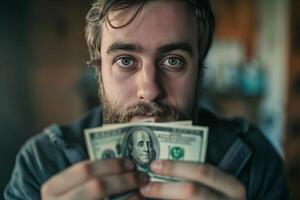Young man with beard holding and counting us dollar bills photo