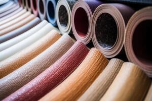 Linoleum rolls displaying variety of colors and textures for flooring photo