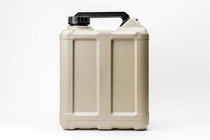 Beige plastic jerrycan standing on white background photo