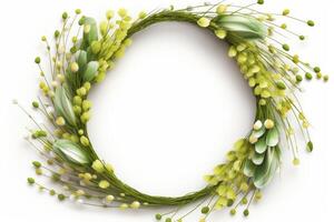 Decorative green wreath framing empty circular space on white background photo