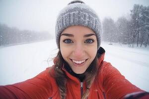 Young woman taking selfie while snowing in winter wonderland photo