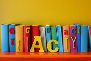 Colorful books on shelf with the word graciacy spelled out photo