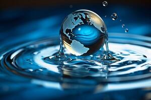 Crystal earth globe splashing in clean water with ripples spreading photo