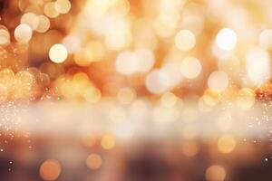 Golden bokeh lights creating festive christmas background with sparkling particles photo