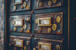 Old fashioned mailboxes showing occupants names and having rounded buttons photo
