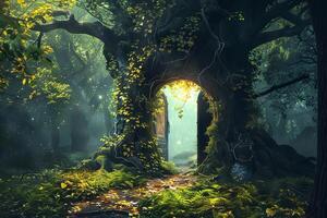 Magical gate leading to another world is appearing in tree trunk in fantasy forest photo