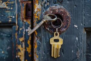 Old keys hanging on a rusty keyhole of a weathered door photo