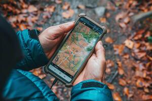Hiker using navigation app on phone in autumn forest photo