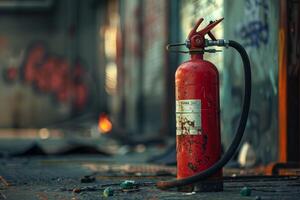 Old red fire extinguisher standing on dirty ground in abandoned building photo