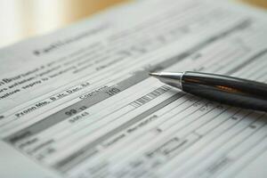 Accountant reviewing financial statement with pen pointing at important number photo