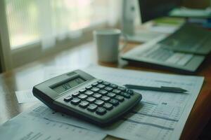 Accountant calculating expenses for financial report using calculator photo