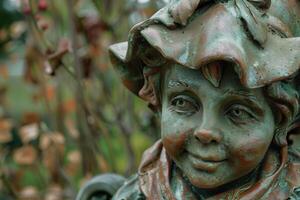 Smiling stone garden statue wearing a hat and a scarf photo
