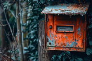 Old red mailbox is rusting in the garden photo