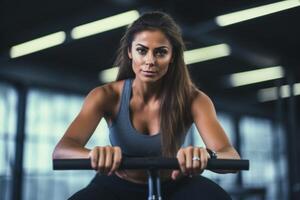 Determined sportswoman using rowing machine in modern gym photo