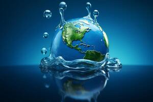 Planet earth emerging from water with splashing droplets photo