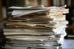 Stack of old papers creating clutter and chaos photo