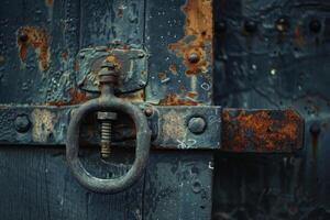Old rusty metal door handle and bolt showing through time photo