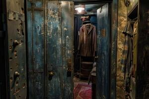 Old elevator shaft converted into dressing room showing clothes hanging on racks photo