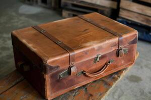 Old leather suitcase resting on rustic wooden table evokes travel memories photo